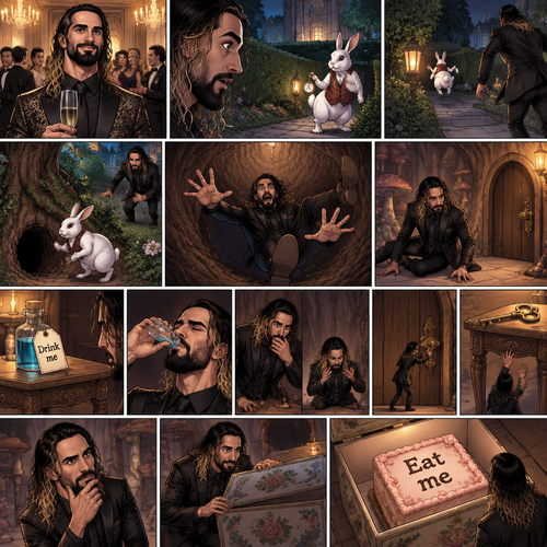 Seth Rollins was at a fancy party,Then he sees a white rabbit outside.It’s wearing a fancy vest and holding a pocket watch and it’s looking at him.Then it starts hopping away and Seth followed it.The rabbit kept hopping and Seth kept following,Until the rabbit jumped down the rabbit hole.Seth looked in the hole…Then he leaned in to far and started falling down the hole. “AHHHH!” Seth Yelled.He kept falling and falling,Till eventually he landed on the bottom.He looked at his surroundings,then he noticed a small door in front of him.He turned around and noticed a small table behind him,there’s a small potion on top of it and with a note attached to it that says “drink me”.He took the potion and took a sip,He coughed a little,Puts the potion back and shrinks (literally).He ran to the door and turned the handle…Its locked.He found the key…and it’s…the table,He’s too small to reach it.he looks around for a solution,Then he sees a box,He opens it,inside is a square shaped cake with writing on it that says “Eat me”