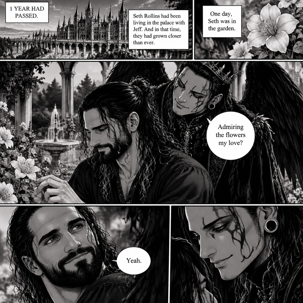 (Part 4 of the dark angel X human story). 1 year had passed,Jeff Hardy (The dark angel king) and Seth Rollins are more closer than ever. Seth had been living in the palace with Jeff. One day Seth was in the garden. Jeff walked behind him. “Admiring the flowers my love?” Jeff asked. Seth smiled softly. “Yeah” Seth said softly