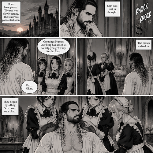 (Recap) Seth Rollins (The vampire hunter) woke up in a Royal bedroom,He finds a note on a nightstand that says “My little hunter,If you are reading this that means you’re awake,I had go out to do my royal duties,In case you’re wondering where you are,you’re in my castle completely safe,I bet you’re wondering why I took you here,I will explain everything soon,There’s going to be a royal feast tonight where I will announce who my bride is,I wish for you to be there,See you tonight my dear, Love Jon”,Then he walked to a mirror and gently traced the bite mark on his neck and wondered what the vampire king (Jon Moxley) wanted with him. (And now part 3). Hours have passed,the sun was slowly setting,The feast was gonna start soon. Seth was lost in thought,Then there was a knock on the door. He got up and opened it,The palace maids were there. “Greetings Hunter,Our king has asked us to help you get ready for the feast” said one of the maids. “Um….Okay” Said Seth. The maids walked in,They began by sitting Seth down on a chair