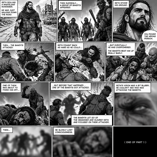 Seth Rollins is a wasteland wonderer,He was just walking down the road. Then suddenly….A group of bandits appeared. Seth stood his ground. Then….the bandits attacked and Seth fought back. He fought back as hard as he could…but eventually he was overpowered. The bandits beat him up really badly. One of them was about to finish him off…but before that happened…..One of the bandits got attacked. The bandits let go of the weakened and Injured Seth and focused on their attacker. Seth’s vision was a bit blurry,he couldn’t see who was attacking the bandits. Then…he slowly lost consciousness. (End of part 1)