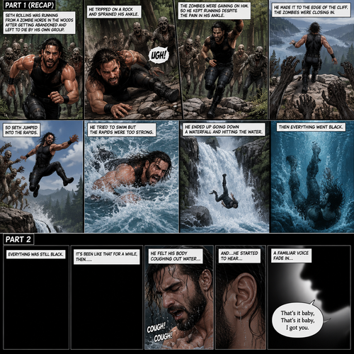 (Recap) Seth Rollins was running from a zombie horde in the woods after getting abandoned and left to die by his own group,He tripped on a rock and sprained his ankle,The zombies were gaining on him so he kept running despite the pain in his ankle,He made it to the edge of the cliff,The zombies were closing in,So Seth jumped into the rapids,He tried to swim but the rapids were too strong,He ended up going down a waterfall and hitting the water,Then everything went black. (And now part 2). Everything was still black. It’s been like that for a while,Then…..He felt his body coughing out water…and….he started to hear….A familiar voice fade in “That’s it baby,That’s it baby,I got you”