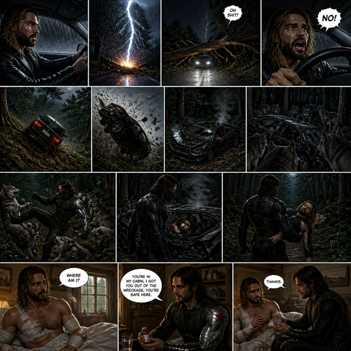 Seth Rollins was driving in his car,It started to rain outside.Then suddenly a lightning bolt hit a tree and it fell in the middle of the road.He Tried to stop…But ended up swerving off road and rolling down a hill.The car made it to the bottom,He lost consciousness after that.A pack of wolves came out of the forest,They closed in on the wreckage,Before they could attack…the winter soldier attacked them.He overpowered them,The wolves ran away.He looked at the wreckage,He walked towards it,He Sees Seth in the front seat,He ripped the front door off the car and lifted Seth in his arms and walked into the woods while holding him.The next morning,Seth slowly woke up,He tried to sit up but he felt a little sore.He looked at his wounds,They were all bandaged up.He then looked around his surroundings,He was In some sort of bedroom.He then heard footsteps,The door opened,The winter soldier was standing in the doorway with medicine in his hands.He walked over to Seth and sat down next to him on the bed. “Where am I?” Seth asked weakly. The winter soldier took off his mask. “You’re in my cabin,I got you out of the wreckage,You’re safe here” Said the winter soldier.He gives Seth some medicine.Seth had them,He was a little less sore after that. “Thanks” Seth said softly