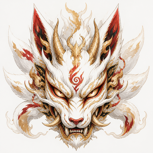 Fuse Oni, loung dragon, 9 tail fox into a oni style mask that has all the best appearance from Fuse Oni, loung dragon, 9 tail fox. Only show final product. Colors white,gold,red, black. Front view
