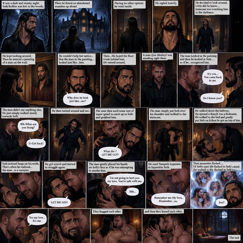 It was a dark and stormy night.Seth Rollins was lost in the woods,Then he found an abandoned mansion up ahead.Having no other options he went inside.He sighed heavily.He decided to look around,Little did he know…Someone was watching him in the darkness.He kept looking around,Then he noticed a painting of a man on the wall,He couldn’t help but notice…that the man in the painting…looked just like…him. “Why does he look just like…me?” Seth asked himself.Then…He heard the floor creak behind him,He turned around,A man (Jon Moxley) was standing right there.The man Looked at the painting and then he looked at Seth…..as if he….recognized him. “It’s you…You came back to me” The man said softly to Seth.Seth was confused. “Do I know you?” Seth asked.The man didn’t say anything else,He just simply walked slowly towards Seth.Seth got nervous and walked backwards slowly. “Wh-What are you doing?” Asked Seth. “G-Get back!” Said Seth.He then turned around and ran.The man then used some sort of super speed to catch up to Seth and grabbed him. “What the-?” Asked Seth. He struggled. “LET ME GO!!” Seth shouted.The man simply put Seth over his shoulder and walked to the staircase,Seth kept struggling…but it was no use.The man walked down the hallway,He opened a door,It was a bedroom,He walked to the bed and gently put Seth on it,then he got on top of him.The man Smiled,Seth noticed fangs on his teeth,That’s when he realized…the man…is a vampire,He got scared and started to struggle again.The man gently placed his hands on Seth’s face as if he was attempting to soothe him.He softly shushed him. “I’m not going to hurt you my love,You’re safe with me” The man said softly.He looked deeply into Seth’s eyes,He used Vampiric hypnosis to hypnotize Seth.Seth slowly relaxed under the hypnosis. “Remember me My love,Remember…us” The man whispered,Then memories flashed….Of Seth’s past life flashed in Seth’s mind.Seth had a bewildered look on his face. “Jon?” Asked Seth. “Yes my love…It’s me” said Jon.Then Tears of joy streamed down Seth’s face.They hugged each other and then they kissed each other.The end