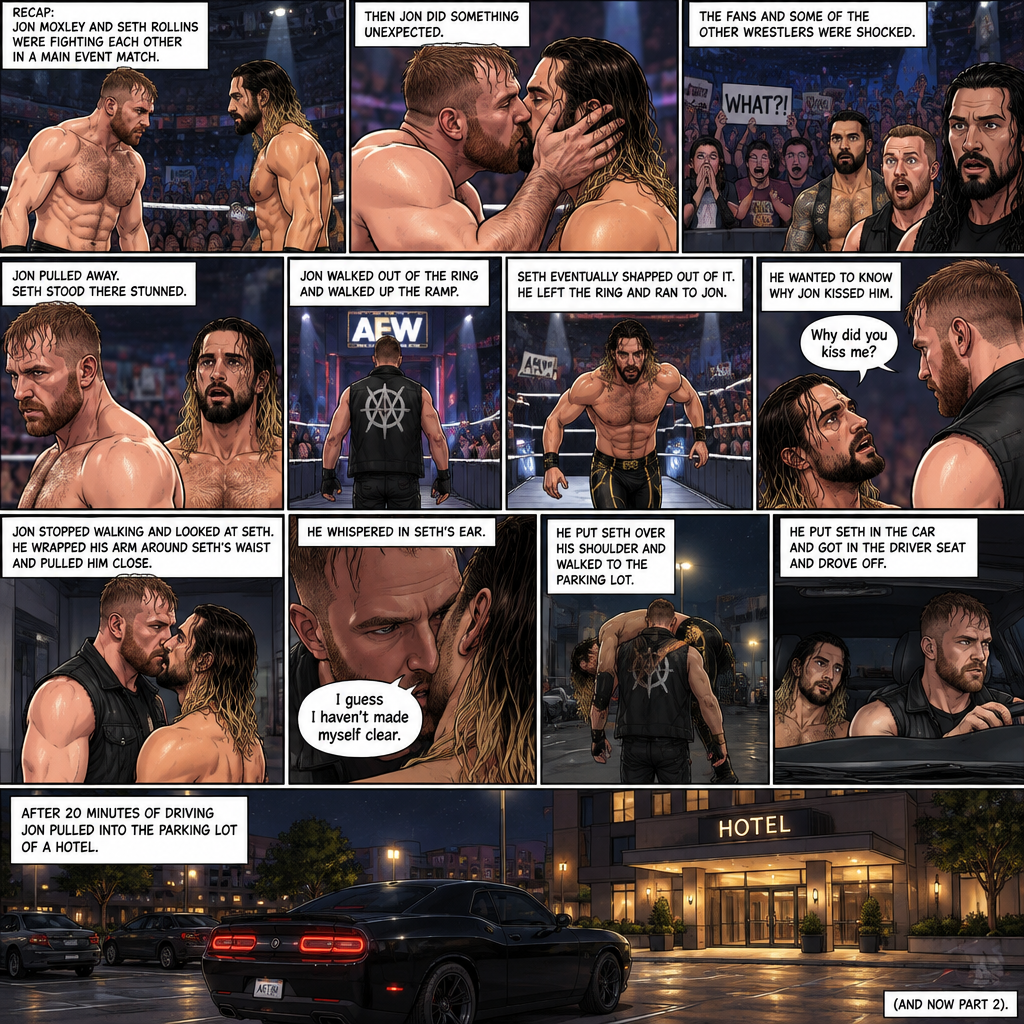 (Recap) Jon Moxley and Seth Rollins were fighting each other in a main event match against each other,Then Jon did something unexpected,He cupped his hands on Seth’s face,pulled him in and kissed him,the fans and some of the other wrestlers were shocked,Jon pulled away,Seth stood there stunned,Jon walked out of the ring and walked up the ramp,Seth eventually snapped out of it,he left the ring and ran to Jon,he wanted to know why Jon kissed him,Jon stopped walking and looked at Seth,He wrapped his arm around Seth’s waist and pulled him close,He whispered In Seth’s ear “I guess I haven’t made myself clear”,He put Seth over his shoulder and walked to the parking lot,He put Seth in the car and got in the driver seat and drove off. (And now part 2). After 20 minutes of driving Jon pulled into the parking lot of a hotel