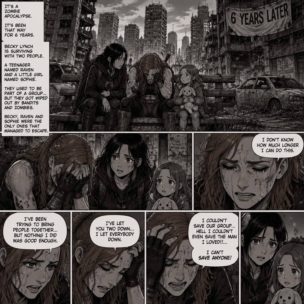 It’s a zombie apocalypse,It’s been that way for 6 years,Becky lynch is surviving with two people,A teenager named Raven and a little girl named Sophie. They used to be part of a group…but they got wiped out by Bandits and Zombies,Becky,Raven and Sophie were the only ones that managed to escape. They’re currently walking in the city. They sat down on a bench to take a break. They were silent for a while. Then…Becky started to cry. Raven and Sophie were concerned. “I don’t know how much longer I can do this” Said Becky. “I’ve been trying to bring people together…but nothing I did was good enough” Becky continued. “I’ve let you two down…I let everybody down” Becky continued. “I couldn’t save our group…hell i couldn’t even save the man I loved!!…I can’t save anyone!” Becky continued