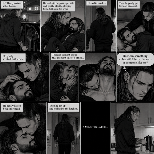 (Part 5 of the Vampire x human story) Jeff Hardy arrives at his house. He walks to the passenger side and gently lifts the sleeping Seth Rollins in his arms. He walks inside,Then he gently put Seth on his couch. He gently stroked Seth’s hair. Then he thought about that moment in Jeff’s office,The kiss and himself sinking his fangs into Seth’s neck. “How can something so beautiful be in the arms of someone like me?” Jeff asked himself. He gently kissed Seth’s forehead,Then he got up and walked to the kitchen. 5 minutes later 
