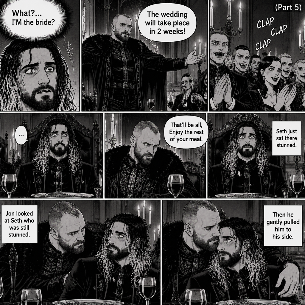 (Recap)Jon Moxley (The vampire king) and Seth Rollins (The vampire hunter…well now The bride Of Jon Moxley) arrived at the feast in the dining room,They sat down at the head of the table,Seth was nervous when the other vampires were staring at him,Jon gently held Seth’s hand and whispered that he was doing good,Seth relaxed,after an hour Jon stood up and dropped a bombshell,”With out further ado…behold…My bride!” Jon said while gesturing to Seth,Seth was shocked. (And now part 5). Seth couldn’t believe it. “What?…I’M the bride?” Seth said in his mind. “The wedding will take place in 2 weeks!” Jon announced. The vampires clapped. Seth just sat there stunned. “That’ll be all,Enjoy the rest of your meal” Jon said and then sat down. He looked at Seth who was still stunned,Then he gently Pulled him to his side