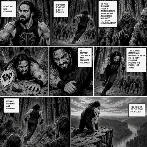 We’re in the woods during a zombie apocalypse,Someone was running…and that someone…is Seth Rollins. He was running from a zombie horde after being abandoned and left to die by his own group. He kept running….Till he tripped on a rock and sprained his ankle. The zombie horde was gaining on Seth,So he kept running despite the pain in his ankle. He was running and running….till he got to the edge of a cliff