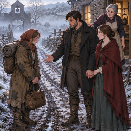 * *The noon bell has gone quiet down the lane. Cormac stands at the bend with her hand in his and his mother's hand on his shoulder — the frost thin over the ruts, the fog off the fence, and the whole of the morning waiting, cup-warm, behind them. He does not scrub his eyes. He lets her name it and holds her gaze through it, the way he lets a thing stand in the light before he answers for it. Then a voice carries up from the gatehouse, thin and unhurried, and a small figure in a patched canvas coat comes up the ruts at a walk, not a run — a woman from the lower cottage with a blanket roll on her back and a satchel over one arm, boots caked in mud to the knee. She stops short of them, sets the satchel down, and looks from the mother to the wife to the man, folding her hands in front of her like someone who has come a long way to ask a small thing and won't spoil it with a large one.*
*Cormac reads her once — the patched coat, the boots, the way she keeps her eyes on the ground three feet in front of her own — and the set of his jaw eases off by one degree. He steps half a pace to the side of the lane, opening the row so she is neither blocked nor led past, and his voice comes low and unhurried, pitched for the woman and the frost together.*
You walked the lower track in this fog. Come up to the porch and say what brought you.
*The woman lifts her chin, and there is honest need in her face and nothing else — a friend of hers from the lower town, sleeping rough two nights in the hollow by the timber gate because her own door came off its hinges in the wind, and nowhere else to set a bedroll this cold. She gets half of it out before Cormac looks back at his wife — the whole of the question in the line of his shoulders, not a word of it in the air. Behind him his mother has already turned for the porch steps, unhurried, reaching for the kettle hook through the kitchen glass, because a woman with a bedroll at her back on a morning like this gets the ordinary cup and the ordinary welcome, and every door on this ridge, hers included, has always worked this way.*
*He keeps his hand closed round hers on the frosted track. The lane is empty past the woman; the hall waits quiet at the bottom; the noon bell has stopped ringing. Whatever answer this ridge gives the lower cottage tonight, it gets handed over the same boards as every other thing that has ever come up this track — with the door open, the lamp on, and both of them standing at it.*