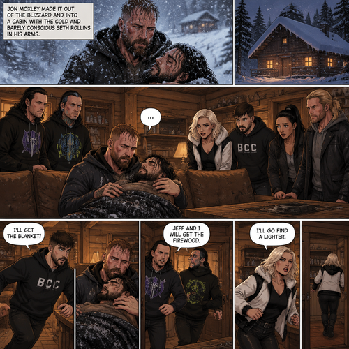 (The monster apocalypse/Moxollins story part 2) Jon Moxley made it out of the blizzard and into a cabin With the Cold and barely conscious Seth Rollins in his arms. His group of survivors (Matt and Jeff Hardy,Toni Storm,Wheeler Yuta,Indi Hartwell and Nic Nemeth) were there too. Jon Sat down on the couch and held Seth. “I’ll get the blanket!” Said wheeler,Then he ran to find a blanket. “Jeff and I will get the firewood” Said Matt,Then Matt and Jeff ran to find firewood. “I’ll go find a lighter” Said Toni,Then she ran to find a lighter