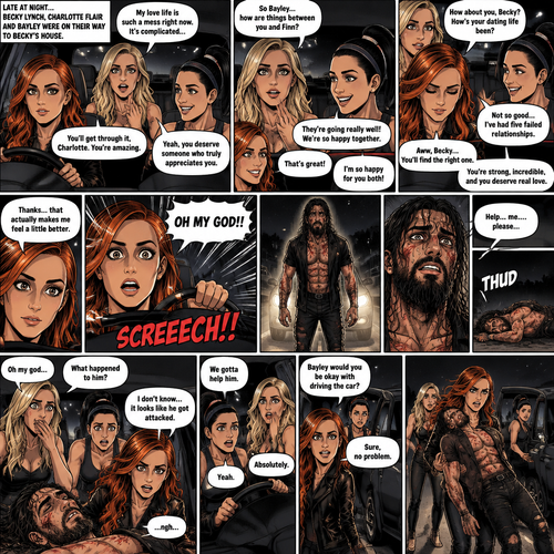 It was late at night,Becky Lynch Was in a car with Charlotte Flair and Bayley. They were driving to Becky’s house. Charlotte was talking about her complicated love life. Becky and Bayley were giving her words of comfort and support. Charlotte then asked Bayley how things were between her and Finn Bálor (They’re dating in this story). Bayley said things were going very well between the two of them. Becky and Charlotte were both happy to hear that. Bayley then looked at Becky and asked How HER dating life had been. Becky got a sad look on her face as she admitted that her dating life wasn’t doing very good,She had Five failed relationships. Charlotte and Bayley gave Becky words of comfort. Becky felt a little better. Then Becky looked at the road and suddenly yelled “OH MY GOD!!” And slammed on the breaks. There was a man (Seth Rollins) standing in front of the car,He was covered in bad scratches. He had a frightened expression on his face,He looked like he got attacked by a wild animal. Becky,Charlotte and Bayley were horrified. Then…the man spoke “Help…me….please”, then he collapsed on the road and passed out. The girls got out of the car and rushed over to the man. “Oh my god” Said charlotte. “What happened to him?” Bayley asked. “I don’t know…it looks like he got attacked” Said Becky. The man groaned in pain subconsciously. “We gotta help him” Said Becky. Bayley and Charlotte nodded in agreement. “Bayley would you be okay with driving the car?” Asked Becky. “Sure,no problem” said Bayley. Becky lifted the unconscious man in her arms and carried him to the car
