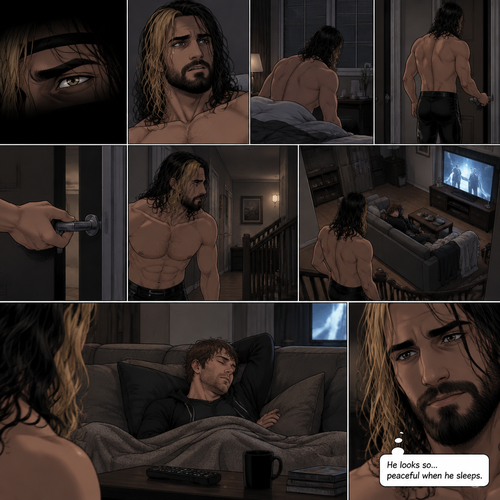 (Recap). It’s the year 2015,Seth Rollins was being chased backstage by Dean Ambrose,Seth was running to his car,but before he could get there Dean tackled him,Seth struggled,Dean knocked him out,He lifted Seth in his arms and walked to his car,He put Seth in the passenger seat,He gets in his car and drove away,After a while he stopped at a red light,He looked at the unconscious Seth,He gently brushed Seth’s hair off his face,”It’ll be just us soon” Dean Whispered softly,Then the light went green and Dean continued driving. (And now part 2). The world was black,Then…Seth slowly opened his eyes. He was in some sort of room. He slowly sat up. He was confused as to where he is and why he’s here. He got up and walked to the door. He turned the door handle…it was unlocked. He slowly walked out into the hallway. He slowly and quietly walked downstairs. When he got downstairs…he noticed Dean…who was sleeping on the couch with a movie on. “He looks so…peaceful when he sleeps” Seth thought to himself