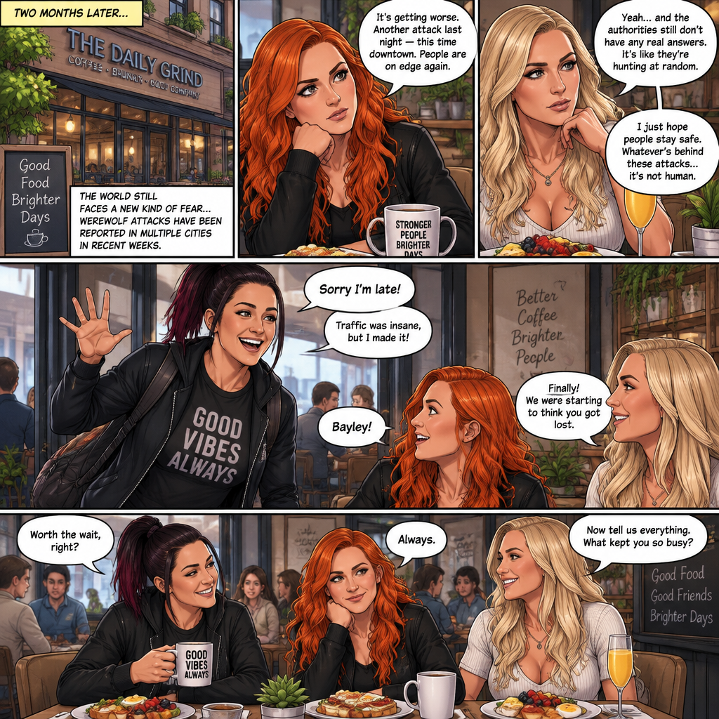 (Part 2 of the Werewolf X human story). It’s been two months since the night Becky Lynch and Her friends Charlotte Flair and Bayley saved the Man (Seth Rollins). They haven’t seen him since. Becky and charlotte were having brunch at a cafe,They were talking about the recent werewolf attacks. Then Bayley showed up late….with a happy grin on her face. She apologized for being late and sat at the table