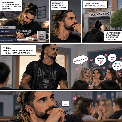 Seth Rollins was a college student,He spent all his time studying. He thought he would be alone forever,Then one day….everything changed. He just arrived in math class and took his usual seat…Then…here comes Damien Priest,The bad boy on campus. All the girls were gushing and giggling over him