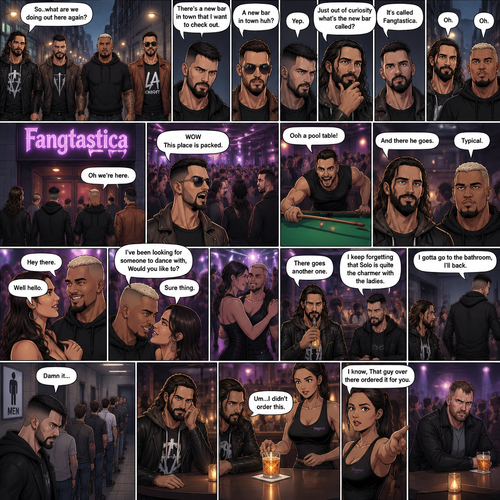 Seth Rollins and his Friends Finn Bálor,Solo Sikoa and LA knight are walking down the road at night. “So..what are we doing out here again?” Solo asked. Finn sighed. “There’s a new bar in town that I want to check out” said Finn “A new bar in town huh?” Said LA knight. “Yep” said Finn. “Just out of curiosity what’s the new bar called?” Asked Seth. “It’s called Fangtastica” said Finn. “Oh” Said Seth and Solo. Finn looked up. “Oh we’re here” said Finn. They head inside. “WOW This place is packed” said LA knight. Then LA knight noticed a pool table. “Ooh a pool table” Said LA knight as he runs to it. “And there he goes” Said Seth. “Typical” said Solo. Seth,Finn and Solo head to a bar table,Then a young woman approached Solo. “Hey there” said the woman. “Well hello” said Solo. “I’ve been looking for someone to dance with,Would you like to?” Asked the woman. “Sure thing” said Solo. They head to the dance floor. “There goes another one” said Seth. “I keep forgetting that Solo is quite the charmer with the ladies” said Finn. Finn and Seth stayed seated at the bar table trying to figure out what to have. “I gotta go to the bathroom,I’ll back” said Finn. He got up and walked to the men’s washroom….but when he got there he discovered a problem….the line for it was too long,He cursed. Seth sat alone at the bar table,Then a server put a drink in front of him on the table. Seth was confused. “Um…I didn’t order this” Seth said to the server. “I know,That guy over there ordered it for you” The server said to Seth while pointing to the person (Jon Moxley)