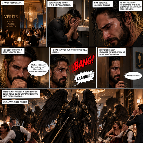 There’s a fancy restaurant,Someone was crying in the men’s bathroom,That someone…was Seth Rollins. He just found out his girlfriend of 5 years cheated on him with a guy from her work. He’s lost in thought about what to do,He was snapped out of his thoughts…when….he heard a loud bang followed by screams of terror outside the bathroom. “What’s was that?” Seth asked himself. He cracked the door open a bit to see what’s going on,There’s men dressed in some sort of black royal guard uniforms With dark angel wings bursting into the restaurant…wait…Dark angel wings?!