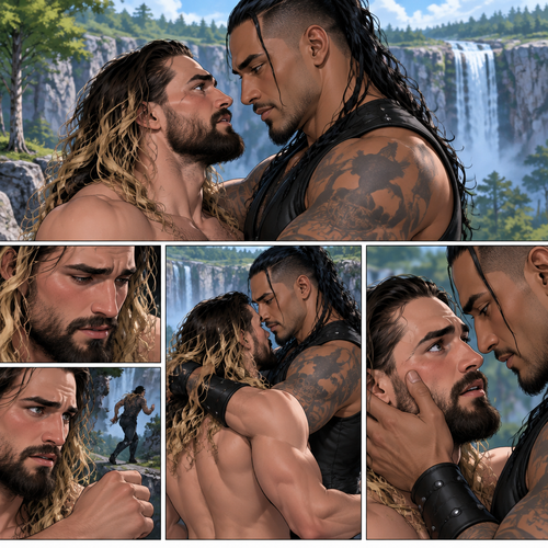 Part 4.Still at the cliff near the forest clearing with the waterfall view. Seth Rollins and the mysterious man (Damien priest) were staring into each other’s eyes. Seth wanted to punch the man and run away….but he couldn’t…he didn’t know why. The man wrapped his arm around Seth and gently pulled him closer. Seth was caught off guard. The man gently put his hand on Seth’s cheek