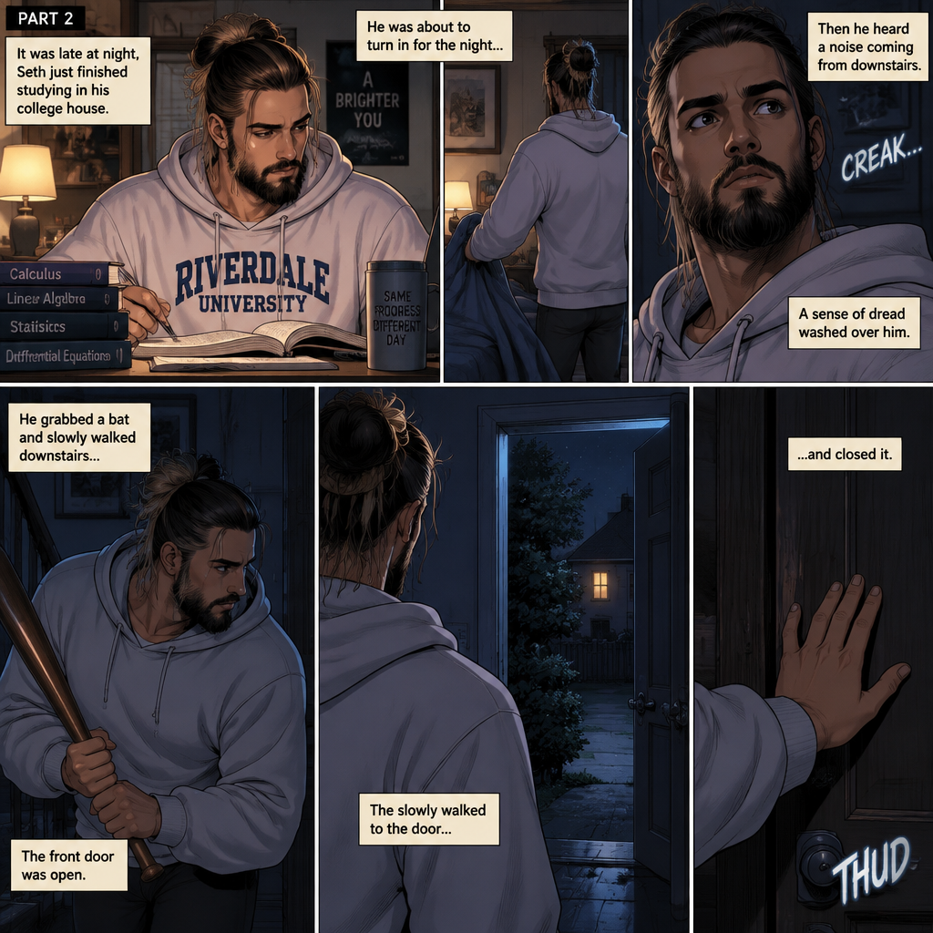 (Recap) Seth Rollins (College student) Arrives at math class and sits at his usual desk,Damien Priest (The bad boy) arrives as well,He sits on the desk next to Seth,Seth was focusing on the math lesson…Damien wasn’t,He was only focusing on Seth like he was the most beautiful angel he’s ever seen,”So beautiful” Damien thought in his mind,After class ended Seth was at his locker when suddenly Damien appeared behind him startling Seth. (And now part 2). It was late at night,Seth just finished studying in his college house. He was about to turn in for the night….Then he heard a noise coming from downstairs. He grabbed a bat and slowly walked downstairs…the front door was open. A sense of dread washed over him. The slowly walked to the door and closed it