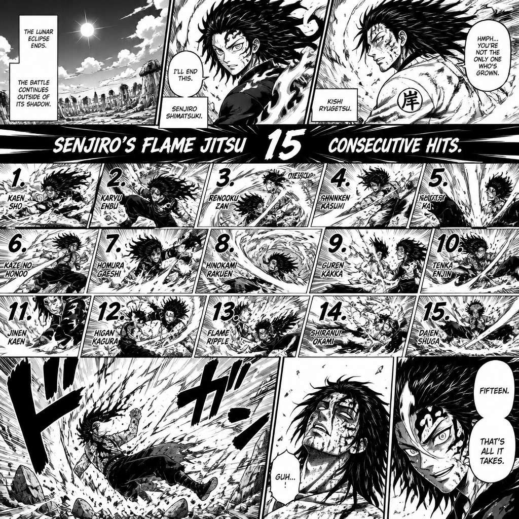 Then the lunar eclipse ends and they’re fighting outside of it and they keep on fighting and senjiro lands 15 flame Jitsu hits on kishi