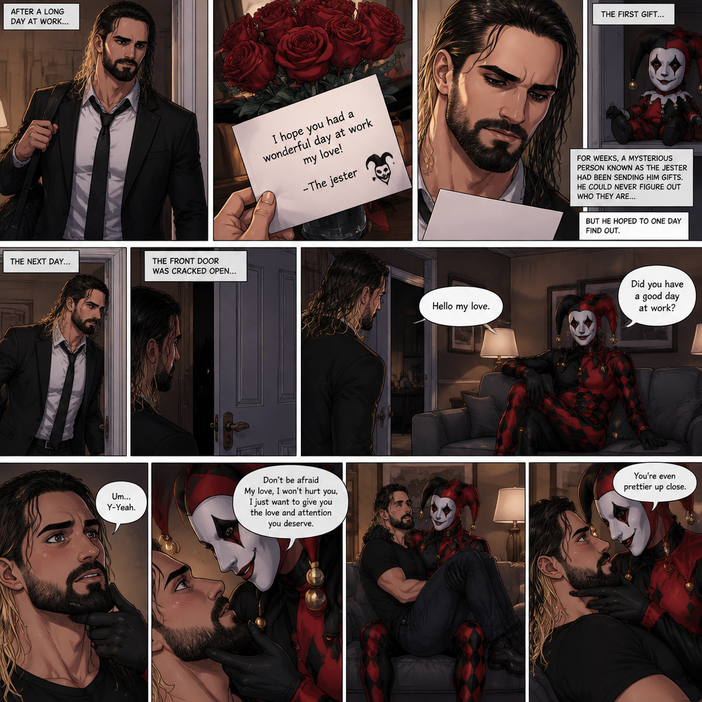 Seth Rollins came home after a long day,He discovered a bouquet of roses on his table. He reads the card,it says “I hope you had a wonderful day at work my love!-The jester”. This wasn’t the first time he received a gift like this. A mysterious person known as the Jester had been stalking him and sending him gifts for weeks. He was never able to figure who this person is. The first gift he received from the jester was a jester doll. He hoped to one day figure out who the jester is. The next day,he came home from work as usual….but….he discovered that the front door was cracked open a little. He got tense and approached with caution. He slowly walked inside the house,then….he heard a voice coming from the living room “Hello my love”. He looked at the source….it was…the jester….in person,Sitting on Seth’s couch. There was something familiar about him…but Seth couldn’t figure it out. “Did you have a good day at work?” Asked the Jester. Seth was a little nervous. “Um…Y-Yeah” said Seth. Seeing how nervous Seth was The Jester slowly walked towards Seth. He gently lifted Seth’s chin. “Don’t be afraid My love,I won’t hurt you,I just want to give you the love and attention you deserve” the jester said softly. Seth blushed a little. The jester lifted Seth in his arms,Then he walked back to the couch and sat down putting Seth on his lap. “You’re even prettier up close” the jester said softly