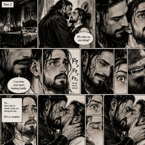 Part 2 of the Vampire x Butler story. Seth Rollins (The butler) was backed against the wall By Roman Reigns (The master of the house) in Roman’s bedroom. “Wh-what are you doing?” Seth asked nervously.Roman leaned forward to Seth’s neck.Seth’s heart beats loudly. Roman heard it,He whispered in Seth’s ear “I can hear your heart beating loudly”.Seth was flustered.Roman Smirked when he saw Seth’s reaction.Seth got a glimpse of Roman’s smirk.Roman Smiled,Seth Noticed…Fangs in Roman’s teeth.That’s when Seth Realized…the reason why Roman doesn’t come out during the day….is because he’s a vampire.Before Seth could shove him away and run…Roman Kissed him.Seth’s eyes widened,He couldn’t believe Roman was actually kissing him,But his sudden fear and shock were slowly melting away,He slowly closed his eyes…Completely giving into the kiss