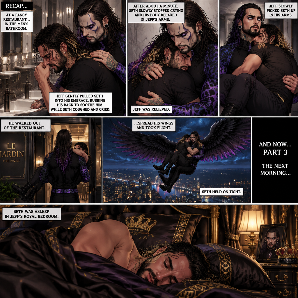 (Recap) Jeff Hardy (The dark angel king) was comforting Seth Rollins in the men’s bathroom of a fancy restaurant after Seth had a panic attack after flashbacks about his childhood and his abusive father,Jeff gently pulled Seth into his embrace,He gently rubbed Seth’s back to try to soothe him while Seth was coughing and crying,After about a minute Seth slowly stopped crying and his body relaxed in Seth’s arms,Jeff was relieved,Jeff slowly picked Seth up in his arms,he walked out of the restaurant,spread his wings and took flight,Seth held on tight. (And now part 3). The next morning,Seth was asleep in Jeff’s royal bedroom