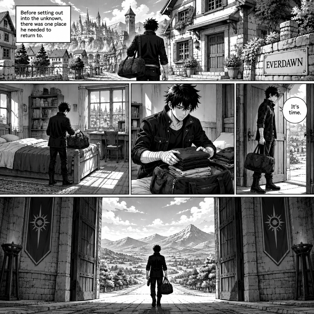 DRAGON STRIKERS
PAGE 5 — DEPARTURE FROM EVERDAWN
FORMAT: One complete black-and-white Japanese manga page, portrait orientation, cinematic panel layout, detailed backgrounds, clean ink lines, high-contrast shadows, and screentones.
CHARACTER CONSISTENCY — SORA AMAMIYA
Use the previously supplied Sora Amamiya character reference sheet as the definitive reference.
* Age: 17
* Height: 178 cm
* Build: Slim and athletic
* Hair: Messy, layered jet-black hair with sharp, irregular spikes and uneven bangs.
* Eyes: Sharp, light-grey eyes with dark pupils.
* Face: Youthful, defined features and serious eyebrows.
* Outfit: Fitted black high-collar jacket with silver buttons, dark shirt, black trousers, black belt with rectangular silver buckle, and black lace-up combat boots.
* Wrists: White bandages wrapped around both wrists and partially over his hands.
Keep his face, hairstyle, proportions, outfit, and wrist wraps consistent in every panel.
PANEL 1 — RETURNING HOME
Layout: Wide horizontal panel at the top.
Camera: Rear three-quarter view of Sora walking toward his home.
Scene: Show Everdawn as a peaceful settlement beneath an expansive sky. Buildings line the streets, and warm sunlight falls across rooftops and stone pathways. The architecture should feel distinct and memorable, with detailed windows, rooftops, balconies, and distant towers.
Sora walks toward a modest-looking home. His black jacket, spiky hair, and bandaged wrists should match the reference sheet.
NARRATION:
“Before setting out into the unknown, there was one place he needed to return to.”
PANEL 2 — INSIDE HIS HOME
Layout: Medium rectangular panel.
Camera: Interior view from a corner of Sora’s room.
Scene: Show a tidy, lived-in room with a bed, a desk, shelves, and a window overlooking Everdawn. Sunlight enters through the window, casting long shadows across the floor.
Sora stands beside an open travel bag, preparing to pack.
Keep the room detailed but uncluttered. Do not introduce photographs, letters, family members, weapons, or personal mementos unless specifically requested.
PANEL 3 — PACKING
Layout: Medium close-up.
Camera: Three-quarter view of Sora placing folded clothes into his travel bag.
Scene: The open bag rests on the bed. Several neatly folded garments are visible inside. Sora’s bandaged hands handle the clothes carefully.
Show the black jacket, trousers, and wrist wraps consistently. His expression is calm and focused.
No supernatural effects or weapons.
PANEL 4 — READY TO LEAVE
Layout: Narrow vertical panel.
Camera: Full-body side view.
Scene: Sora stands near the doorway with his packed travel bag. His black high-collar jacket, dark trousers, boots, and white wrist wraps are clearly visible.
He glances toward the open doorway, where the light from outside illuminates part of his face.
His expression conveys quiet determination.
SORA:
“It’s time.”
PANEL 5 — THE GATE OF EVERDAWN
Layout: The largest panel on the page, occupying the entire bottom section.
Camera: Dramatic wide shot from behind Sora, looking outward through the enormous gate.
Scene: Sora has reached the grand gate of Everdawn. Tall stone pillars and elaborate architectural details frame the entrance. Beyond the gate, a vast road stretches into the distant landscape, surrounded by hills and mountains.
Sora stands at the threshold with his travel bag, facing the world beyond Everdawn.
The settlement remains behind him. The open road lies ahead.
Use heavy black shadows around the gate’s inner walls, contrasting with the lighter landscape outside. Make Sora’s silhouette unmistakable.
No Hugurumi. No other characters. No action scene. No supernatural effects.
The final panel must clearly show Sora leaving Everdawn through its gate, beginning his journey into the unknown.
FINAL ART DIRECTION
Maintain the same black-and-white manga style as Pages 1–4. Use clear panel borders, readable lettering, detailed environments, and consistent character proportions.
The page should communicate one simple event: Sora returns home, packs clothes, prepares himself, and leaves Everdawn.
Do not add new lore, characters, family details, or plot events beyond this description.