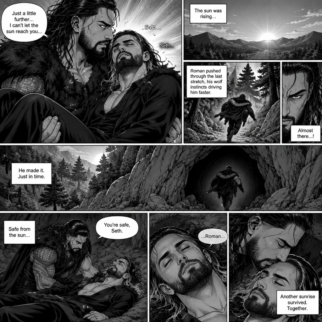 (Part 2 of the Werewolf x vampire story). Roman Reigns (The werewolf) was running to his cave with Seth Rollins (The vampire) in his arms to get him out of the sun. Roman managed to get there before the sun fully rose
