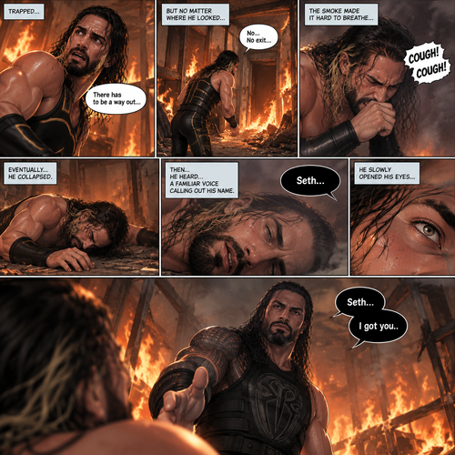 Seth Rollins is in a burning building,He tries to find a way out,he couldn’t find a way out. He was coughing because of the smoke,Eventually….he collapsed on the floor. Then….He heard….a familiar voice calling out his name. He slowly opened his eyes…it was Roman Reigns