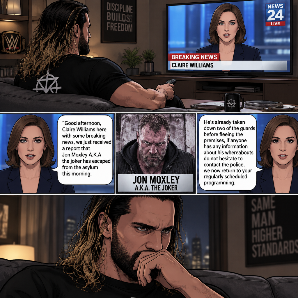 Seth Rollins was at home after a long day. He turned on the tv,A news report came on. “Good afternoon,Claire Williams here with some breaking news,we just received a report that Jon Moxley A.K.A the joker has escaped from the asylum this morning,He’s already taken down two of the guards before fleeing the premises,if anyone has any information about his whereabouts do not hesitate to contact the police,we now return to your regularly scheduled programming” said the reporter. The news report ends. Seth tensed a bit