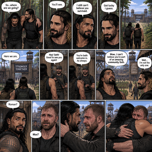 (Part 2 of the Zombie Apocalypse story). Still in the woods,Still far away from the zombies. Roman Reigns was still limping from the sprained ankle and Seth Rollins was helping him walk. It had been 4 hours since they reunited. “So…where are we going?” Roman asked. “You’ll see” said Seth. “I still can’t believe you survived” Said Roman. “Got lucky i guess” said Seth. They kept walking till they spotted a community like town up a head. “Here we are” Said Seth. They walked towards it. One of the guards recognized Seth. The guards let Seth and Roman in. Roman looked at the surroundings,he was amazed. “Wow…I can’t believe you’re part of an amazing community Seth” Said Roman. “Well…I’m not the only one” said Seth. Before Roman could ask what Seth ment….He heard a familiar voice behind him “Roman?”. He turned around…it was Jon Moxley (formerly known as Dean Ambrose). “Mox?” Asked Roman. Tears welled up In Jon and Roman’s eyes. They hugged each other and cried tears of joy 
