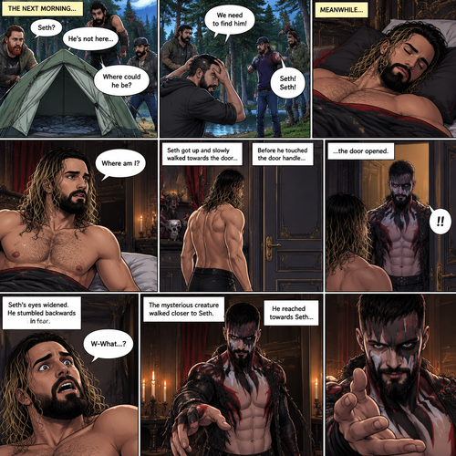 (Recap). Seth Rollins was camping with a group of friends,A mysterious creature (Finn Bálor) was watching him,at midnight Seth and the group were sleeping in their tents,The mysterious creature slowly walked towards Seth’s tent,he unzipped the tent,He quietly crawled into Seth’s tent,then he looked at Seth who was still sleeping,He gently caressed Seth’s cheek,Seth hummed softly in his sleep,the mysterious creature lifted the sleeping Seth in his arms,”I finally got you…my bride” the mysterious creature whispered,Then he quietly walked out of Seth’s tent while holding the sleeping Seth,then teleported away. (And now part 2). The next morning,Seth’s group woke up and noticed Seth was gone. They looked for him. Meanwhile,Seth was asleep in some sort of bed. Then he woke up. He was confused. “Where am I?” Seth asked himself. He was in some sort of bedroom. He got up and slowly walked towards the door,Before he touched the door handle…the door opened…the mysterious creature was standing there. Seth’s eyes widened. He stumbled backwards in fear. The mysterious creature walked closer to Seth. He reached towards Seth