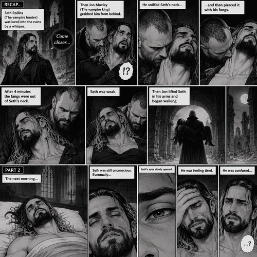 (Recap) Seth Rollins (The vampire hunter) was lured into the ruins by a whisper,Then Jon Moxley (The vampire king) grabbed him from behind,He sniffed Seth’s neck and then pierced it with his fangs,After 4 minutes the fangs were out of Seth’s neck,Seth was weak,Then Jon lifted Seth in his arms and began walking. (And now part 2). The next morning,Seth was still unconscious. Eventually…Seth’s eyes slowly opened,He was feeling tired,He was confused