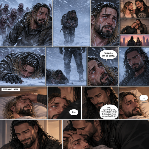 There was a blizzard outside,Seth Rollins was in the middle of it,He had just escaped a horde of zombies hours before.He was shaking because of the cold.He walked around in the blizzard completely lost.His tears streamed down his face.He started having flashbacks about the time before the Zombie Apocalypse began.Eventually….He stopped walking…And fell onto the snow,Then….he heard footsteps walking towards him…and stopped in front of him.He looked up…It was Roman Reigns.He thinks it’s a hallucination. “Roman…I’m so sorry” Seth said to the “Hallucination”,Then he slowly lost consciousness. ???? Days later,Seth was still unconscious,He felt a hand gently stroke his head,He slowly regained consciousness,The first thing he saw when he woke up…was Roman looking at him and Gently stroking his head.He tried to speak “Ro-“. “Shh,Try not to speak,You’ve been out for 5 days,Just focus on your health ok?” Roman said Softly.Seth gave a small nod.Roman smiled softly and gently kissed his forehead