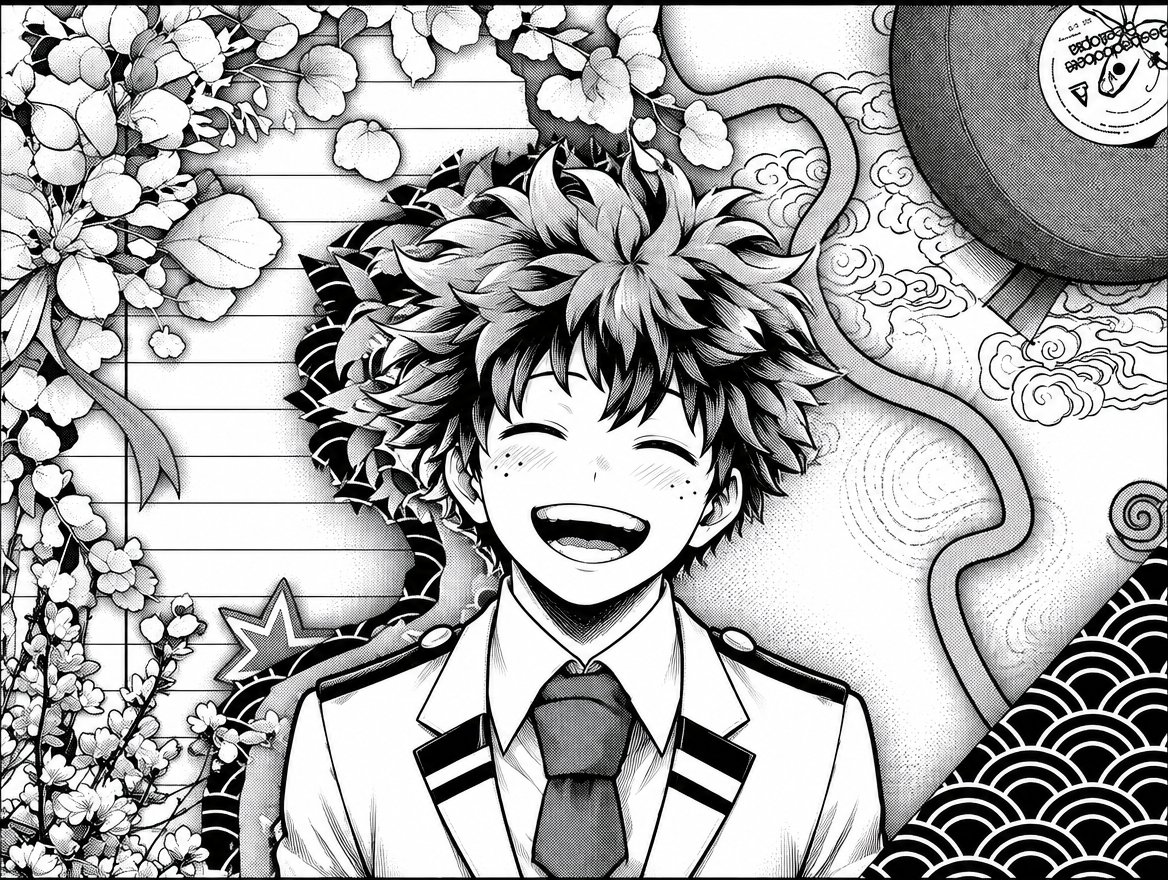Black-and-white manga illustration of a smiling person in a school uniform amid flowers and patterns.