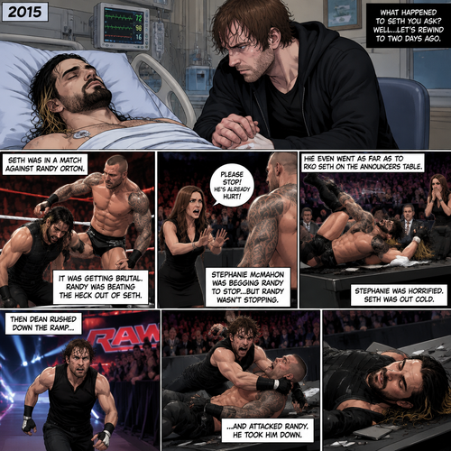 It’s the year 2015,We’re in a hospital. Seth Rollins was lying in a hospital bed unconscious. Dean Ambrose was sitting by his side and holding his hand. (What happened to Seth you ask? Well…let’s rewind to two days ago). Seth was in a match against Randy Orton. It was getting brutal. Randy was beating the heck out of Seth. Stephanie McMahon was begging Randy to stop…but Randy wasn’t stopping. He even went as far as to Rko Seth on the announcers table. Stephanie was horrified. Seth was out cold. Then Dean rushed down the ramp and attacked Randy. He took him down