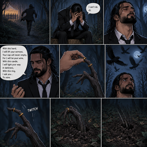 (Part 1 of the corpse bride,Seth x Becky style). Seth Rollins was walking in the woods alone at night after running away from a wedding rehearsal. After a while He sat at a tree stump,he puts his head in his hands. “I can’t do it” Seth said to himself. He took a deep breath. He began practicing his vows,”With this hand,I will lift your sorrows,Your cup will never empty,For I will be your wine,With this candle,I will light your way in darkness,With this ring,I ask you…To mine”. He puts the wedding ring on a tree branch that suspiciously looks like a ring finger. Then the crows flew by,Then….The branch the suspiciously looked like a hand…twitched. Then….The branch that suspiciously looks like a hand pulled itself underground