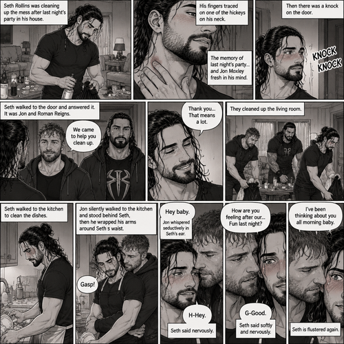 (Part 2) Seth Rollins was cleaning up the mess after last night’s party in his house. His fingers traced on one of the hickeys on his neck. The memory of last night’s party…and Jon Moxley Fresh in his mind. Seth blushed a little,Then there was a knock on the door. Seth walked to the door and answered it,It was Jon and Roman Reigns. They came to help Seth clean up. Seth was thankful for that. They cleaned up the living room. Seth walked to the kitchen to clean the dishes. Jon silently walked to the kitchen and stood behind Seth,Then he wrapped his arms around Seth’s waist. Seth gasped softly. “Hey baby” Jon whispered seductively in Seth’s ear. Seth blushed. “H-Hey” Seth said nervously. “How are you feeling after our…Fun last night?” Jon asked softly. Seth was flustered. “G-Good” Seth said Softly and nervously. Jon whispered in Seth’s ear seductively “I’ve been thinking about you all morning baby”. Seth is flustered again