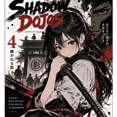 A young girl holding a katana and looks kind of shy for a cover volume 4 of shadow dojos 