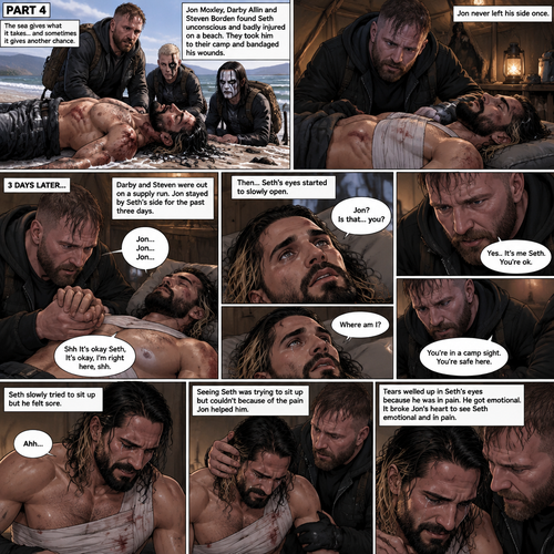 Part 4 of the apocalypse story.Seth Rollins was found unconscious and badly injured on a beach by Jon Moxley,Darby Allin and Steven Borden (Sting’s son).They took him to their camp and bandaged his wounds.Jon never left his side once.3 days later,Seth was still unconscious,Darby and Steven were out on a supply run,Jon stayed by Seth’s side for the past three days.Jon gently held Seth’s hand,Then…Seth Spoke Jon’s name subconsciously “Jon…Jon…Jon”.Jon gently stroked Seth’s head. “Shh It’s okay Seth,It’s okay,I’m right here,shh” Jon whispered.Seth breathed softly,Then….His eyes started to slowly open,The first thing he sees is Jon looking down at him. Seth spoke weakly “Jon?,Is that…you?”. “Yes..It’s me Seth,You’re ok” Jon said softly. “Where am I?” Seth Asked in a weak voice. “You’re in a camp sight,You’re safe here” Jon said Softly.Seth slowly tried to sit up but he felt sore.Seeing Seth was trying to sit up but couldn’t because of the pain Jon helped him.Tears welled up in Seth’s eyes because he was in pain,He got emotional.It broke Jon’s heart to see Seth emotional and in pain