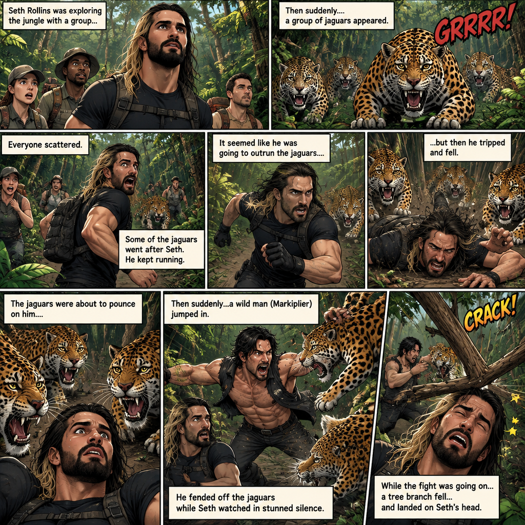 Seth Rollins was exploring the jungle with a group,Then suddenly….a group of jaguars appeared. Everyone scattered. Some of the jaguars went after Seth,He kept running. It seemed like he was going to outrun the jaguars….but then he tripped and fell. The jaguars were about to pounce on him….then suddenly…a wild man (Markiplier) jumped in. He fended off the jaguars while Seth watched in stunned silence. While the fight was going on…a tree branch fell…and landed on Seth’s head