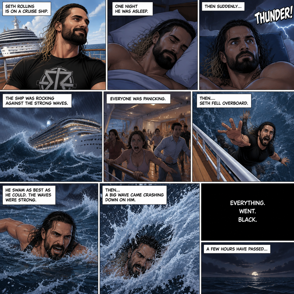 Seth Rollins is on a cruise ship,One night he was asleep,Then suddenly…thunder. He got up. The ship was rocking against the strong waves. Everyone was panicking,Then….Seth fell overboard. He swam as best as he could. The waves were strong,Then…A big wave came crashing down on him. Everything.Went.Black. A few hours have passed