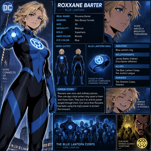 Dc comics oc info card Blue Lantern 

Real name:Roxxane Barter
Gender:Non-Binary Female 
Age:26
Sexuality:Bisexual 
Role:Superhero
Hair Color:Blonde
Eye Color:Blue
Hero outfit:Blue and black costume,Blue lantern symbol on chest
Abilities:Blue Lantern ring
Relationships:James Barter (Father), Erica Barter (Mother)
Allies:The Blue lantern corps,the justice league
Enemies:The sinestro corps,Sinestro
Origin story:Roxxane was once and ordinary person,Then one day a blue lantern ring came to them and chose them. They put it on and its power surged through them. Ever since then Roxxane has been using the ring’s power to protect the innocent