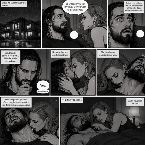 Part 4.Still in Seth Rollins’s house,Still raining outside.Seth Rollins and Becky lynch are in Seth’s room,Seth’s eyes were widened and his breath hitched a little after Becky offered him immortality. “So what do you say my love? Do you want to be immortal?” Asked Becky.Seth thought about for a bit…Then he made his decision. “Yes” Seth said softly.Becky smiled and gently kissed him.She then leaned towards Seth’s neck.After the painful process of the vampire transformation was done Seth was unconscious.The next night Seth was still unconscious,Becky never left his side