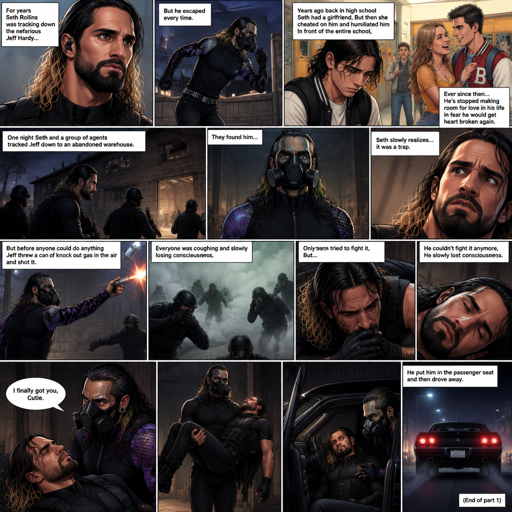 Seth Rollins is a secret agent,For years he was tracking down the nefarious Jeff Hardy…But he escaped every time. Years ago back in high school Seth had a girlfriend,But then she cheated on him and humiliated him In front of the entire school,Ever since then…He’s stopped making room for love in his life in fear he would get heart broken again. One night Seth and a group of agents tracked Jeff down to an abandoned warehouse.they found him…he’s wearing a gas mask. Seth slowly realizes…it was a trap,But before anyone could do anything Jeff threw a can of knock out gas in the air and shot it. Everyone was coughing and slowly losing consciousness,Only Seth tried to fight it,But…He couldn’t fight it anymore,He slowly lost consciousness. All of the agents are unconscious,Jeff slowly walked to the unconscious Seth. He looked down at Seth. “I finally got you,Cutie” Said Jeff. He lifted Seth in his arms and walked to his car,He put him in the passenger seat and then drove away. (End of part 1)