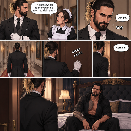 Seth Rollins was working as a butler at a mansion,Then one of the maids walked up to him. “The boss wants to see you in his room straight away” Said the maid.Seth nods in response,He walks to the boss’s Room.He knocks on the door. “Come in” said the boss. Seth opened the door and walked inside.The boss (Roman Reigns was sitting on the bed)
