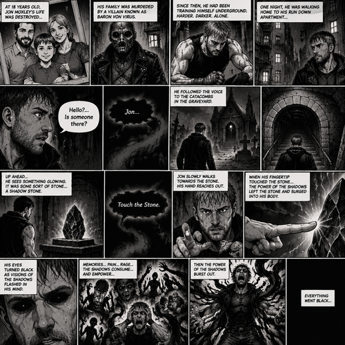 Jon Moxley as a vigilante born from tragedy. When he was 18 years old his family was murdered by a villain known as Baron Von Virus. Since then he had been training himself underground. One night he was walking home to his run down apartment…then he heard a mysterious voice call out his name. “Hello?…Is someone there?” Jon asked. It called out his name again. He followed the voice to the catacombs in the graveyard. Up ahead…He sees something glowing. It was some sort of stone…a shadow stone. Then the voice repeats “Touch the Stone”. Jon slowly walks towards the stone,His hand reaches out. When his fingertip touched the stone…the power of the shadows left the stone and surged into His body. His eyes turned black as visions of the shadows flashed in his mind. Then the power of the shadows burst out. Everything went black