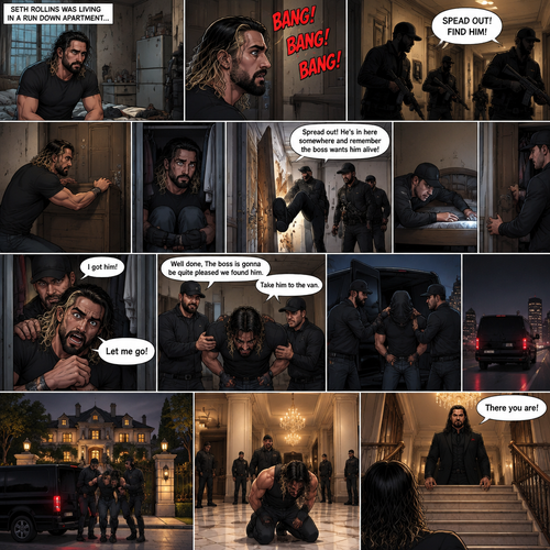 Seth Rollins was living in a run down apartment,Then he heard loud banging from the lobby,Then he heard a man shouting. “SPEAD OUT! FIND HIM!” Said the voice.Seth got spooked,He barricaded the door and hid in his closet.There were sounds of doors being kicked outside,Then the sounds of footsteps approached Seth’s apartment door,The door was kicked open. “Spread out! He’s in here somewhere and remember the boss wants him alive” said a voice. They looked around the apartment.Seth keeps quiet.One of them looked in Seth’s room,He looked under the bed,Then….He walked to the closet.Seth’s heart was beating loudly.The man…opened the door,Spotted Seth and grabbed him before Seth could do anything. “I got him!” Said the man.Seth Struggled.The others walked in the bedroom. “Let me go!” Seth yelled. “Well done,The boss is gonna be quite pleased we found him” Said the man. “Take him to the van”The man commanded. They put a hood over Seth’s head and dragged him to a black van.They get in afterwards,one of them drives the van.After a while they arrive at a fancy mansion,They get out and Drag Seth to it.They went inside,They drop Seth on the middle of the floor and removed the hood.Seth looks at his surroundings. “There you are!” Said a voice.Seth looked up. The mafia boss (Roman Reigns) was on top of the stairs