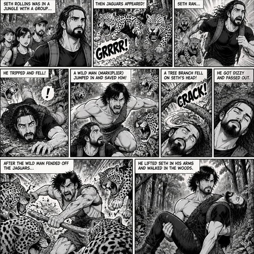 (Recap!) Seth Rollins was in a jungle with a group,Then jaguars appeared,he ran,he tripped and fell. A wild man (Markiplier) jumped in and saved him,A tree branch fell on Seth’s head and he got dizzy and passed out. After the wild man fended off the jaguars he lifted Seth in his arms and walked in the woods. (All ca
